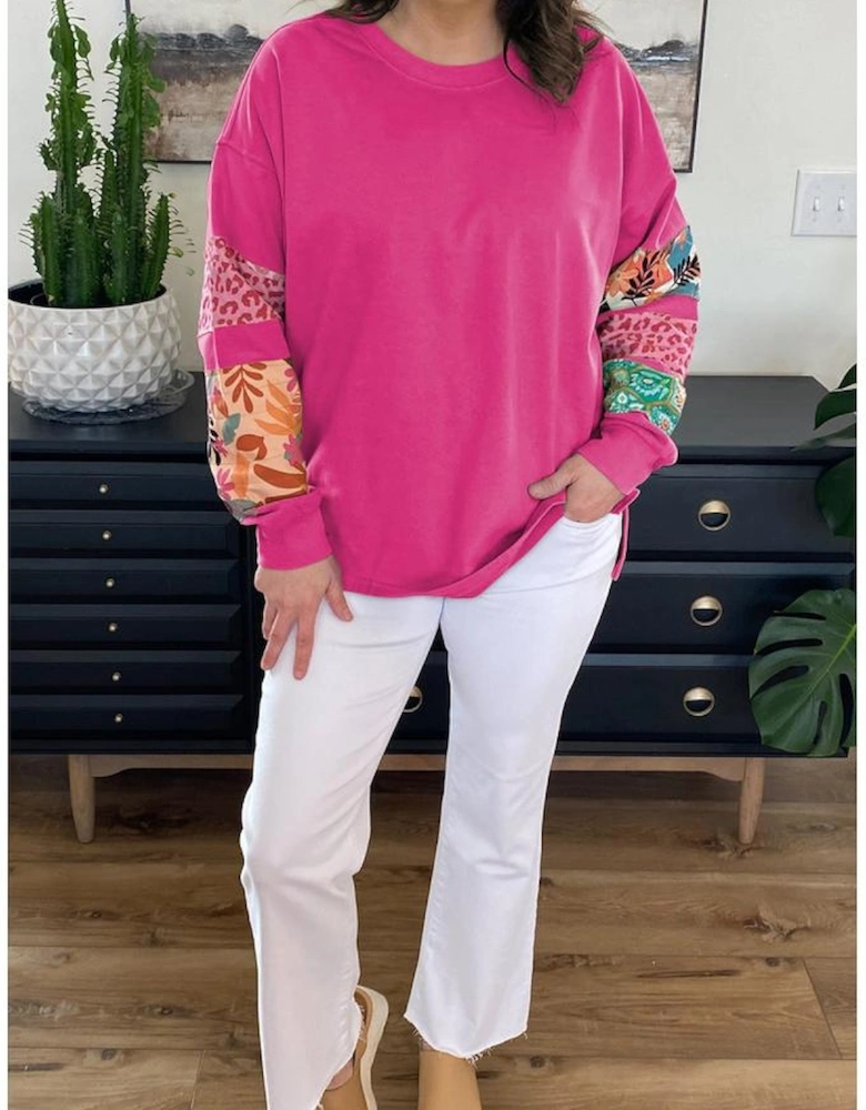 Rose Red Plus Size Printed Patchwork Sleeve Split Sweatshirt