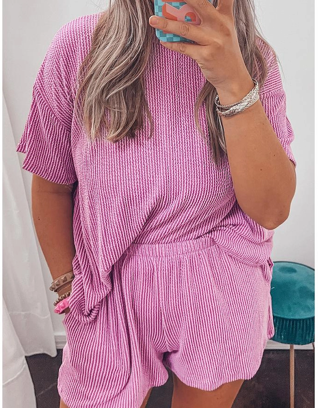 Phalaenopsis Ribbed Textured Knit Loose Fit Tee and Shorts Set