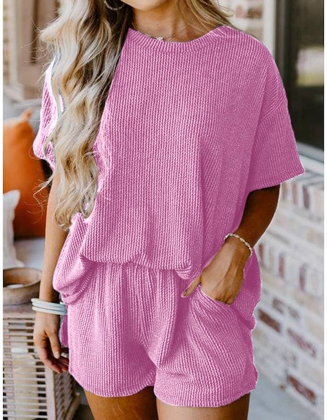 Phalaenopsis Ribbed Textured Knit Loose Fit Tee and Shorts Set