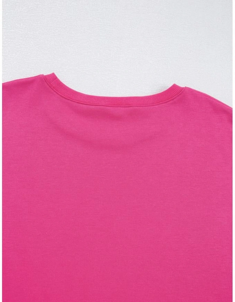 Rose Red Plus Size Printed Patchwork Sleeve Split Sweatshirt