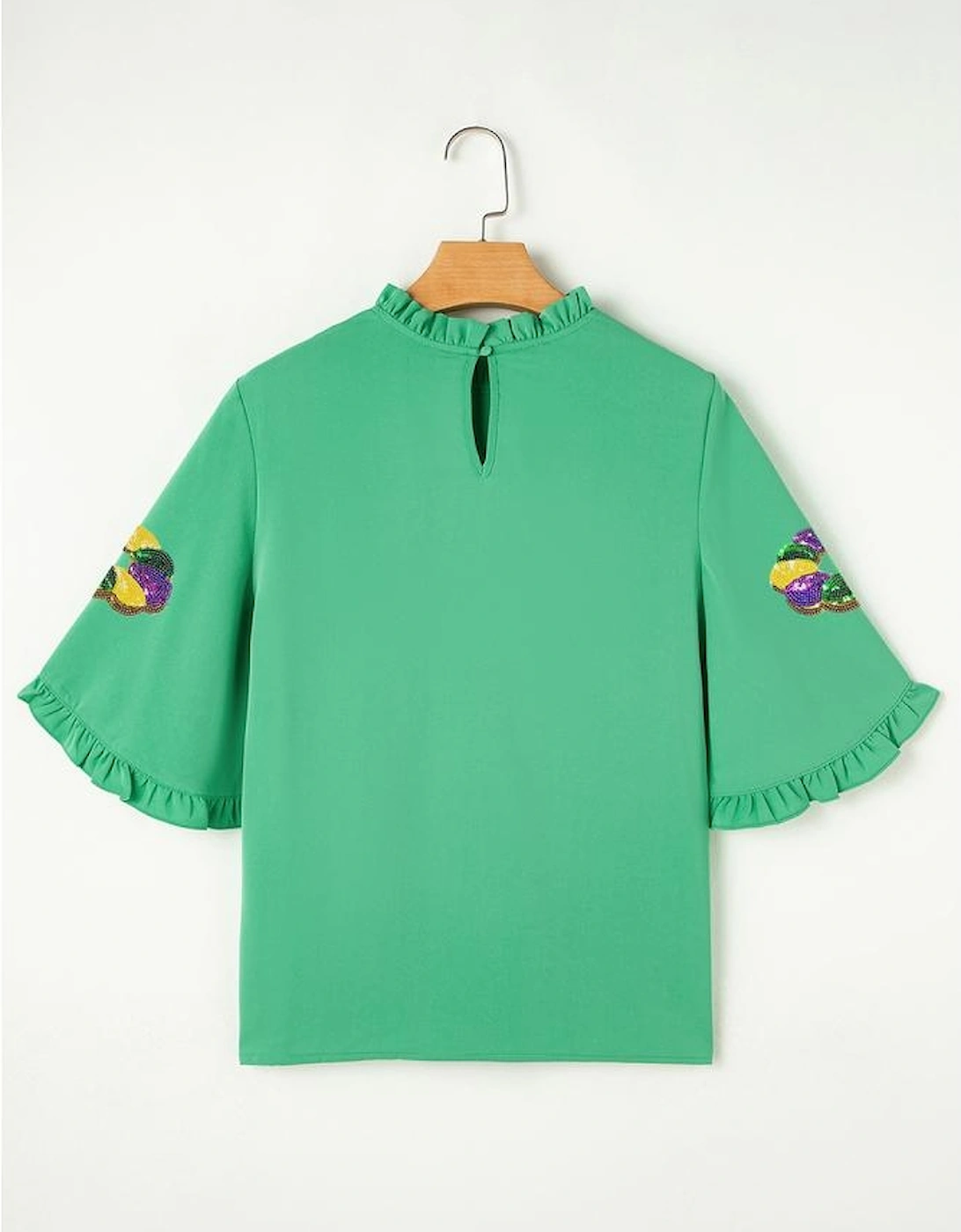 Green Sequin Doughnut Graphic Ruffled Trim Bell Sleeve Mardi Gras Blouse