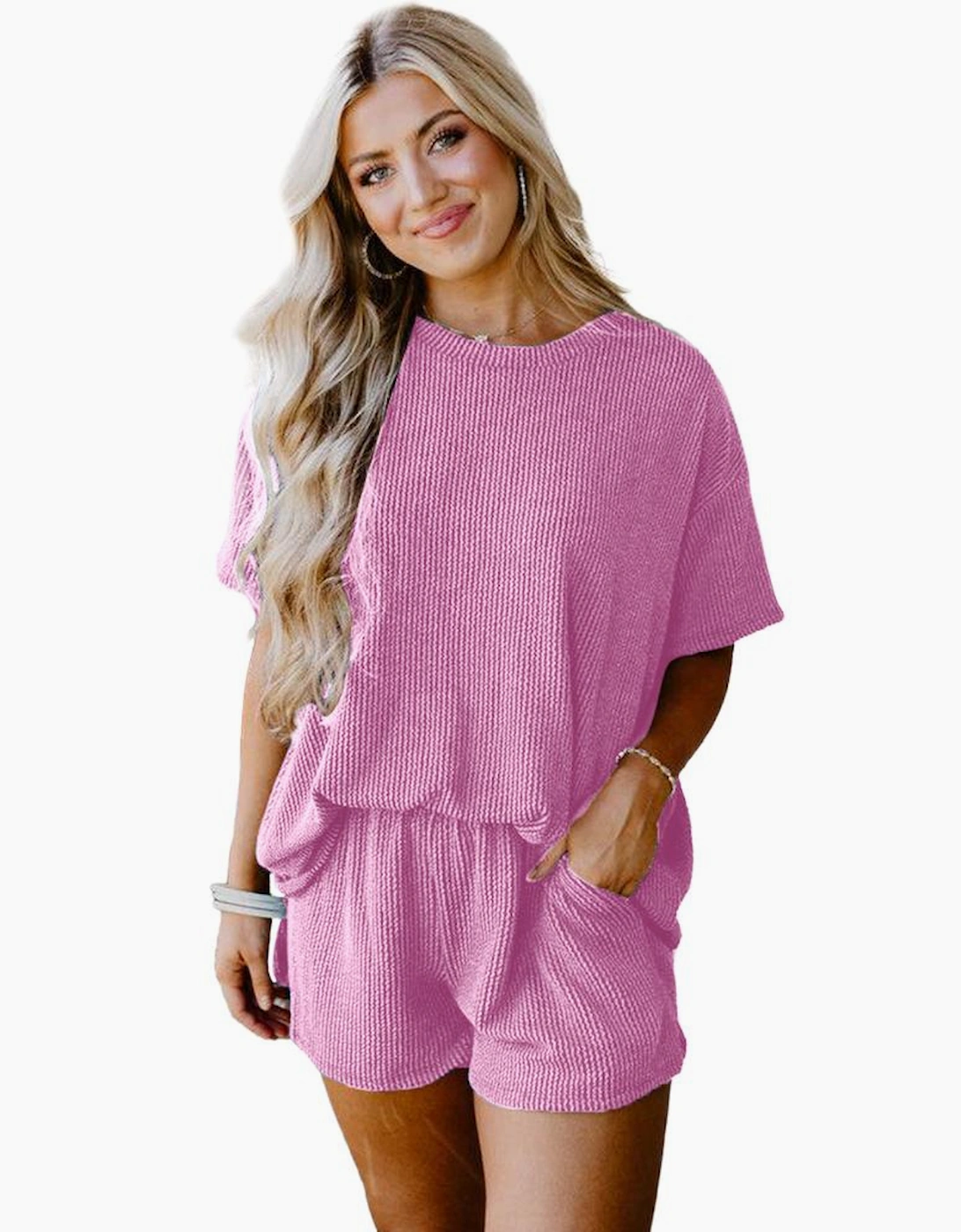 Phalaenopsis Ribbed Textured Knit Loose Fit Tee and Shorts Set