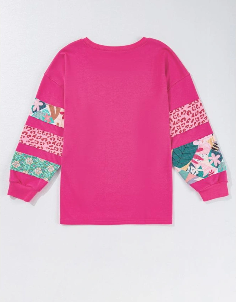 Rose Red Plus Size Printed Patchwork Sleeve Split Sweatshirt