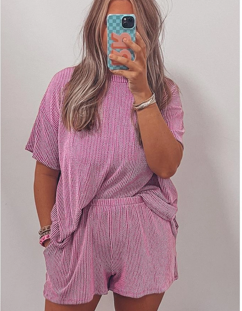 Phalaenopsis Ribbed Textured Knit Loose Fit Tee and Shorts Set