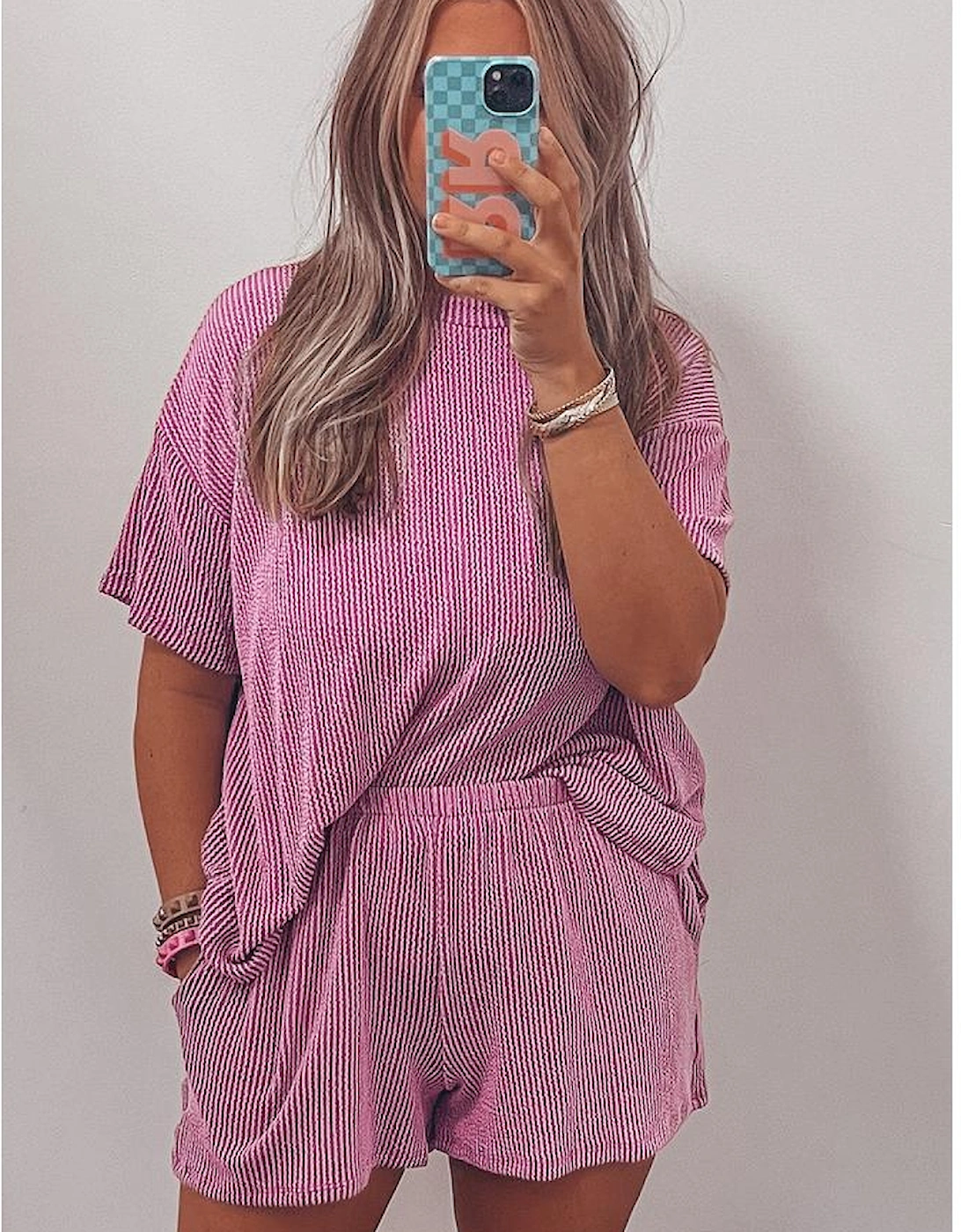 Phalaenopsis Ribbed Textured Knit Loose Fit Tee and Shorts Set