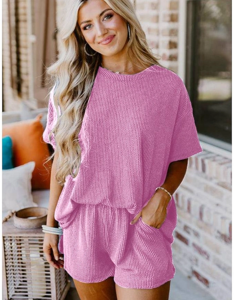 Phalaenopsis Ribbed Textured Knit Loose Fit Tee and Shorts Set