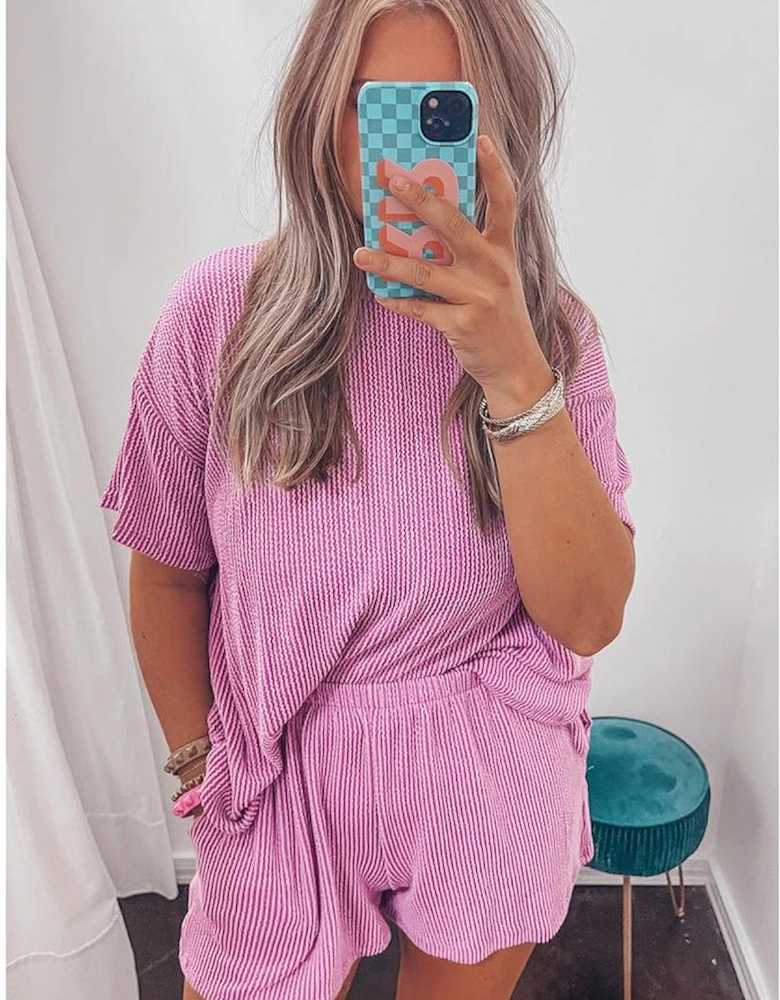 Phalaenopsis Ribbed Textured Knit Loose Fit Tee and Shorts Set
