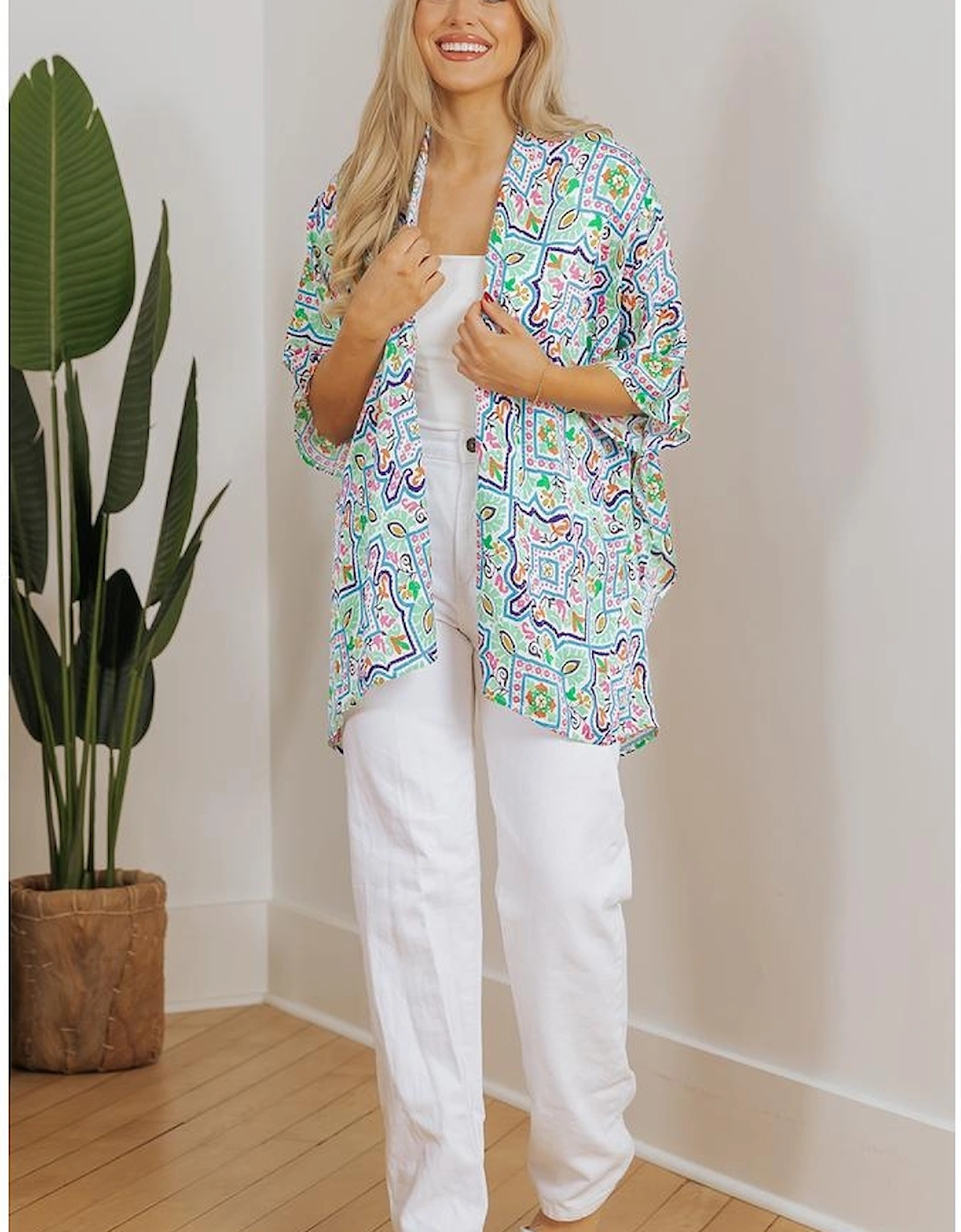 White Boho Floral Printed Rhinestone 3/4 Sleeve Open Front Kimono