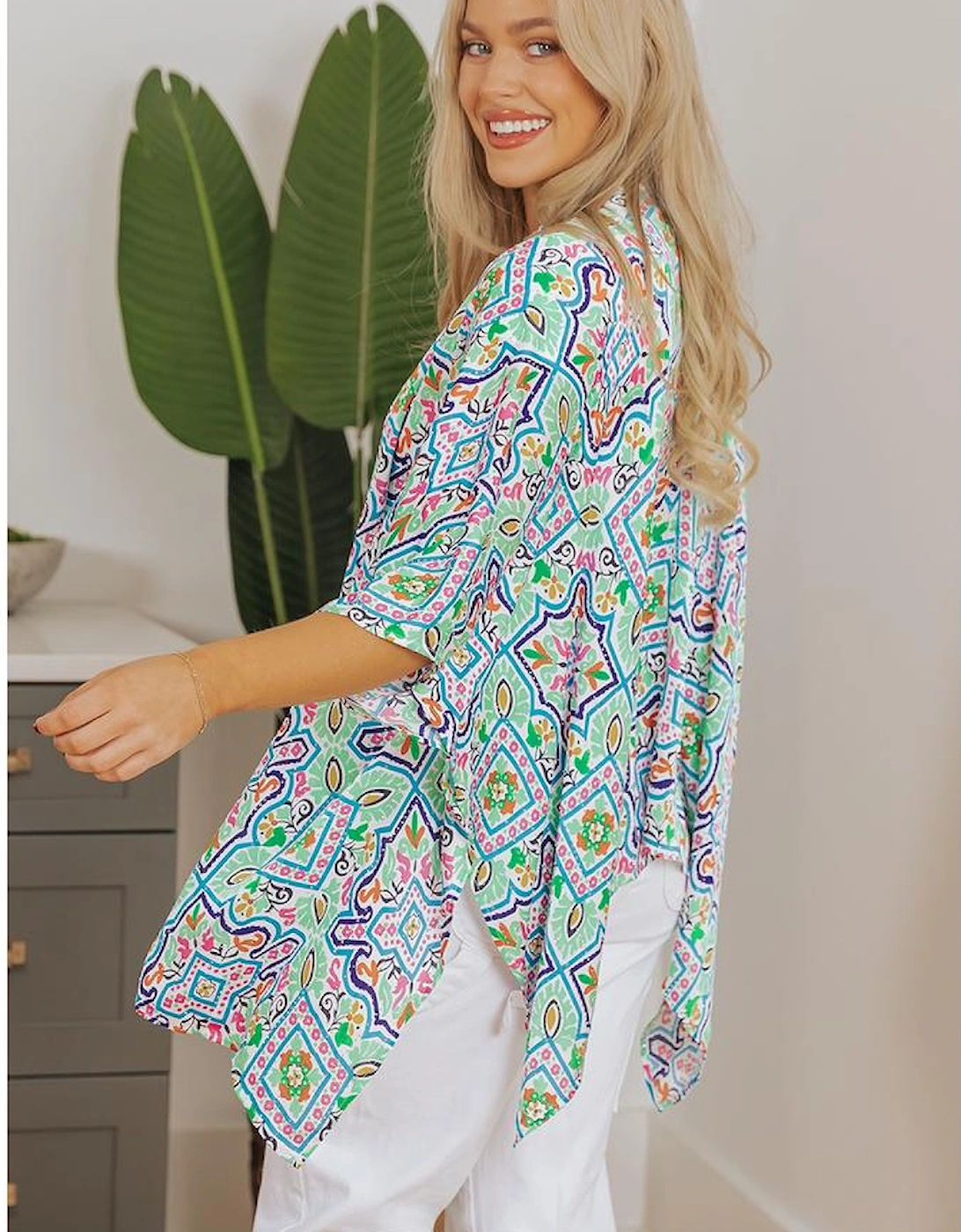 White Boho Floral Printed Rhinestone 3/4 Sleeve Open Front Kimono