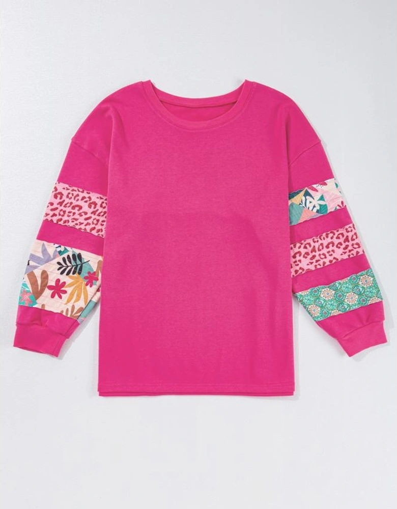 Rose Red Plus Size Printed Patchwork Sleeve Split Sweatshirt