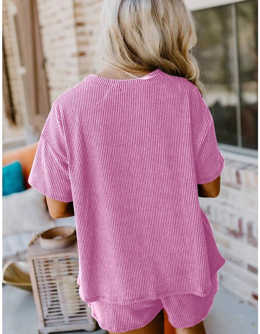 Phalaenopsis Ribbed Textured Knit Loose Fit Tee and Shorts Set