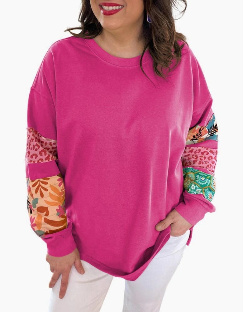 Rose Red Plus Size Printed Patchwork Sleeve Split Sweatshirt