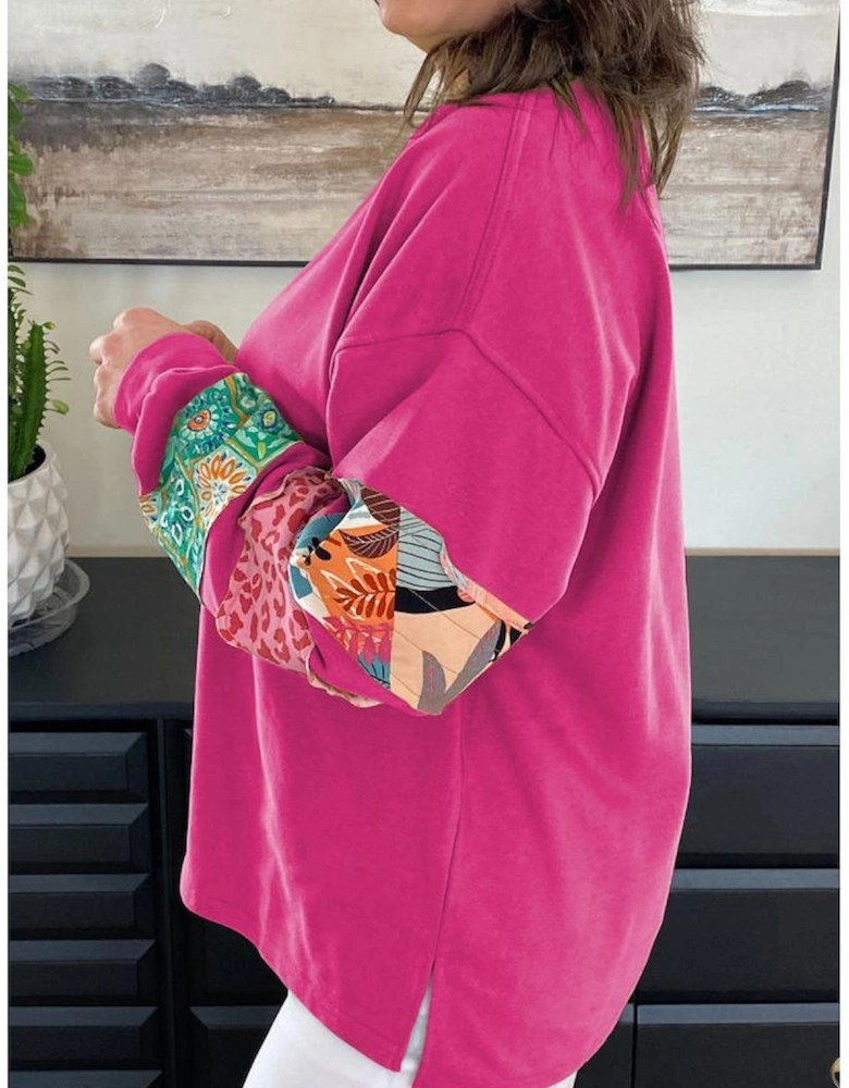 Rose Red Plus Size Printed Patchwork Sleeve Split Sweatshirt