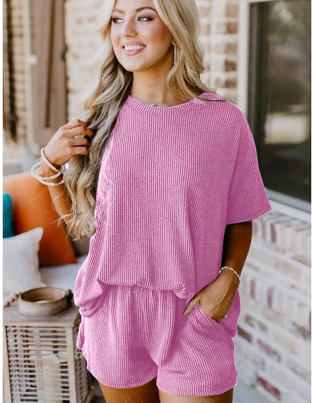 Phalaenopsis Ribbed Textured Knit Loose Fit Tee and Shorts Set