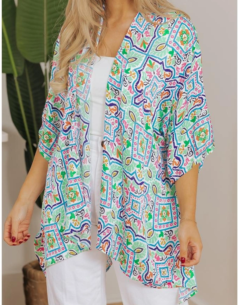 White Boho Floral Printed Rhinestone 3/4 Sleeve Open Front Kimono