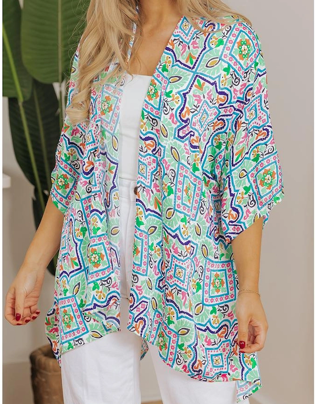 White Boho Floral Printed Rhinestone 3/4 Sleeve Open Front Kimono