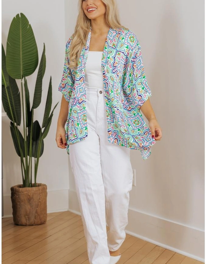 White Boho Floral Printed Rhinestone 3/4 Sleeve Open Front Kimono