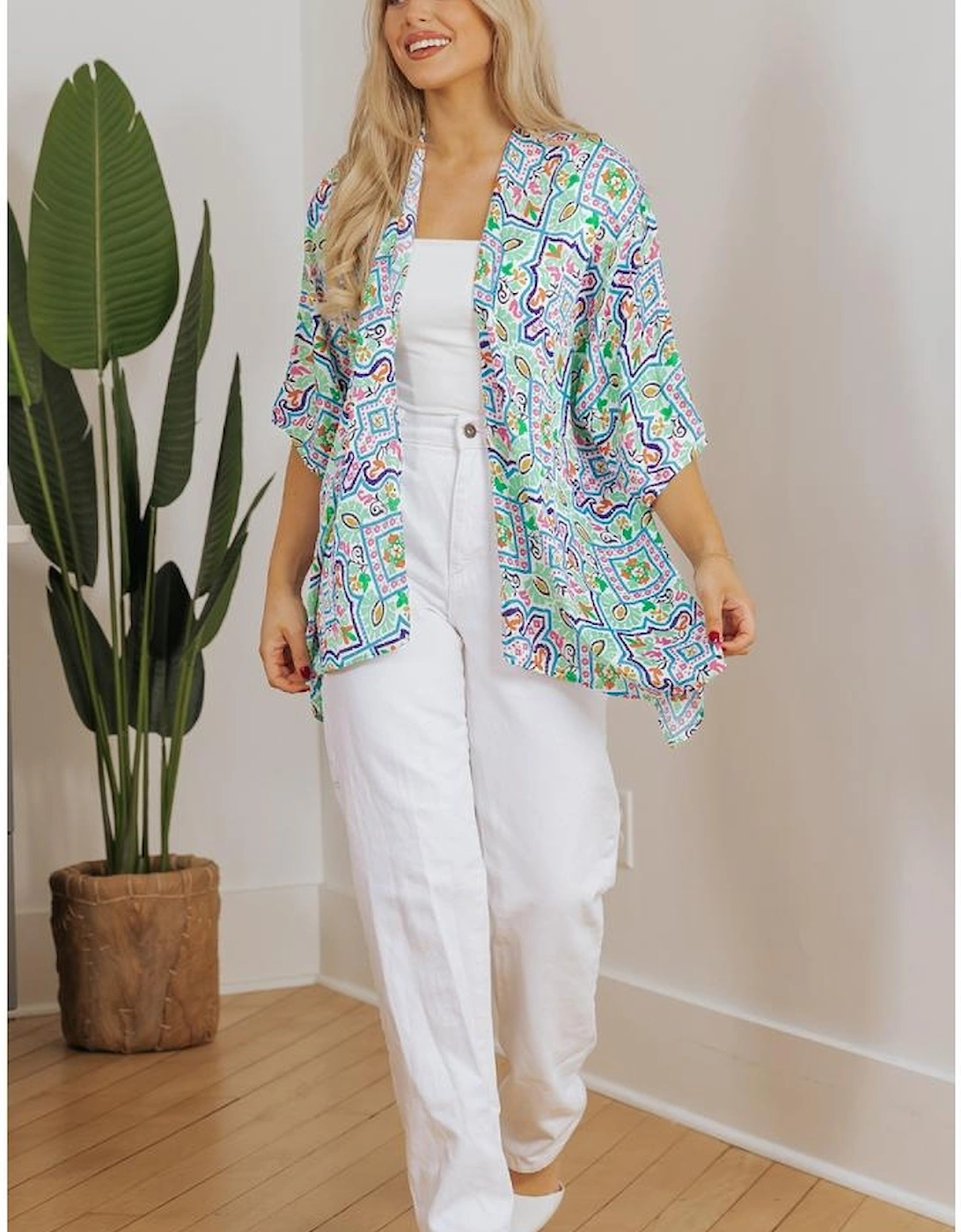 White Boho Floral Printed Rhinestone 3/4 Sleeve Open Front Kimono