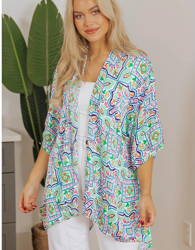 White Boho Floral Printed Rhinestone 3/4 Sleeve Open Front Kimono