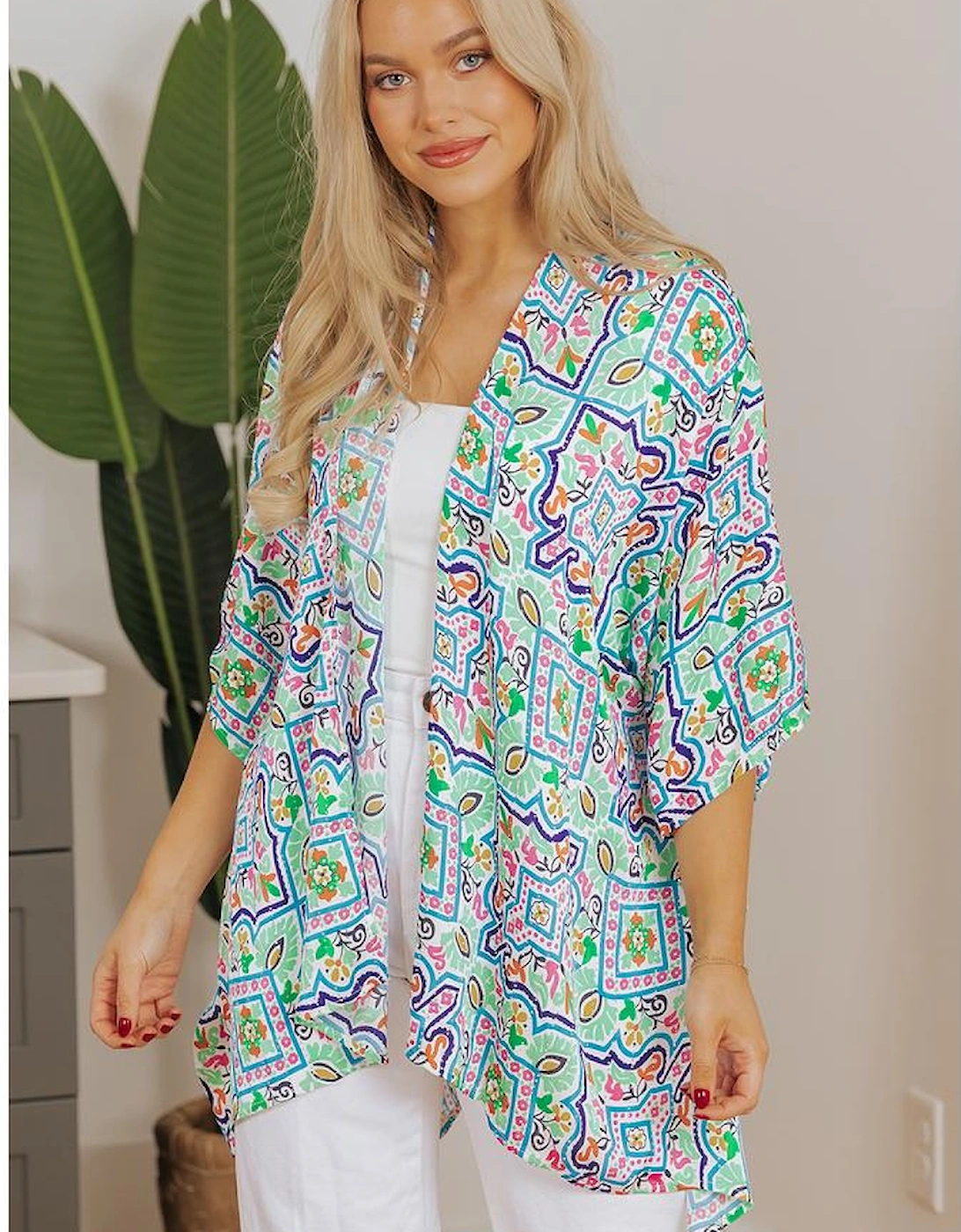 White Boho Floral Printed Rhinestone 3/4 Sleeve Open Front Kimono