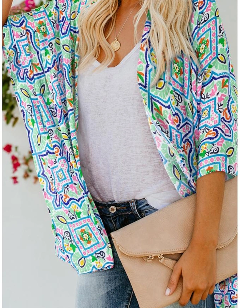 White Boho Floral Printed Rhinestone 3/4 Sleeve Open Front Kimono