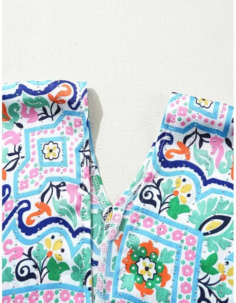 White Boho Floral Printed Rhinestone 3/4 Sleeve Open Front Kimono