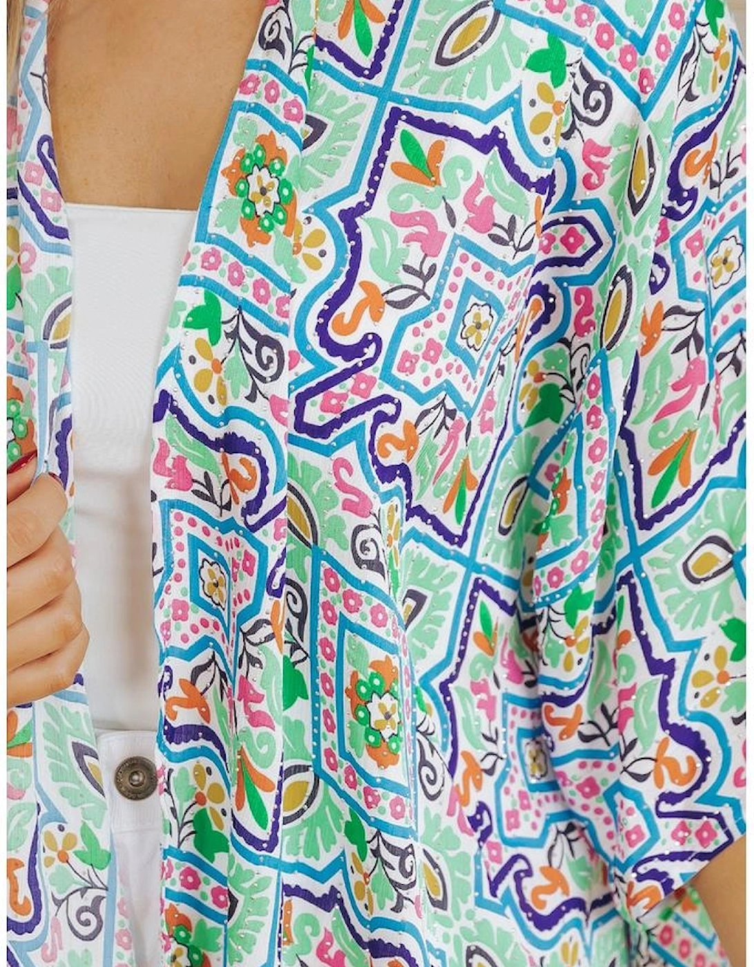 White Boho Floral Printed Rhinestone 3/4 Sleeve Open Front Kimono