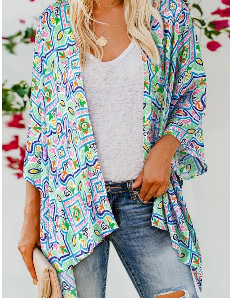 White Boho Floral Printed Rhinestone 3/4 Sleeve Open Front Kimono