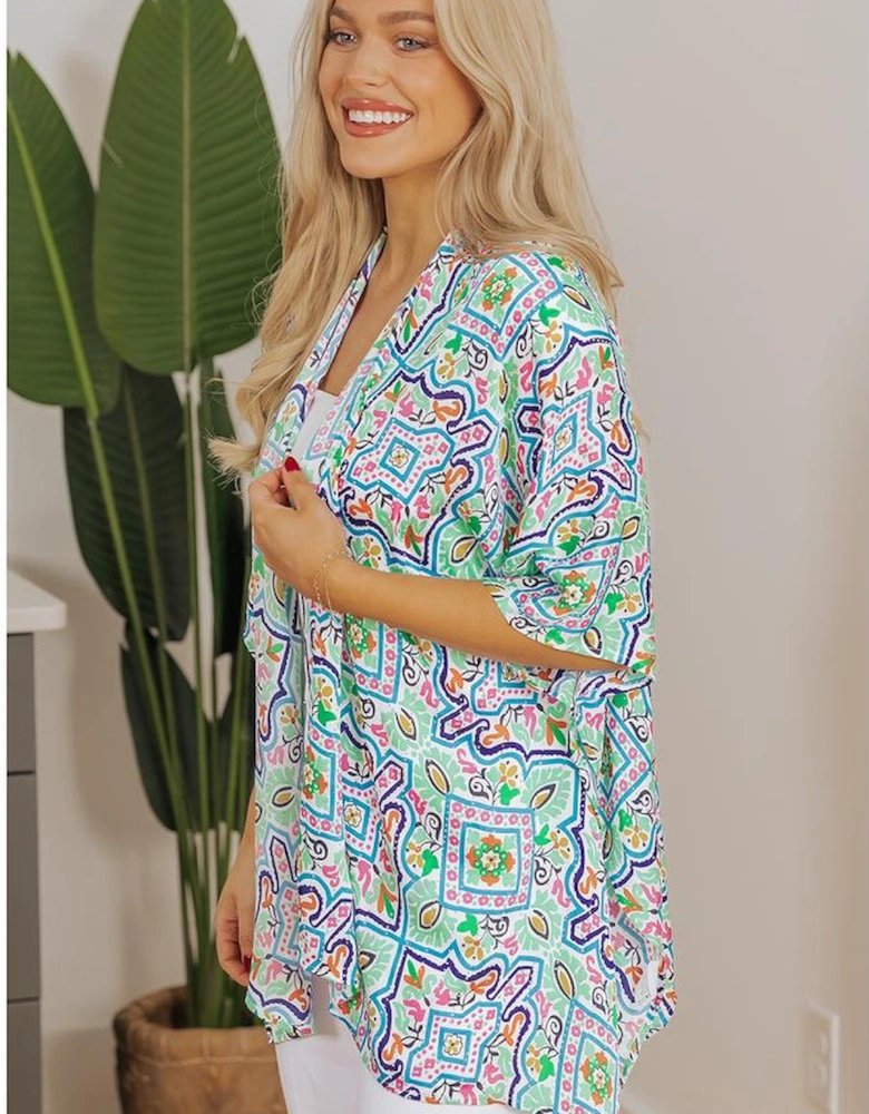 White Boho Floral Printed Rhinestone 3/4 Sleeve Open Front Kimono