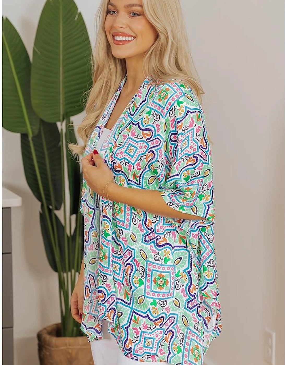 White Boho Floral Printed Rhinestone 3/4 Sleeve Open Front Kimono