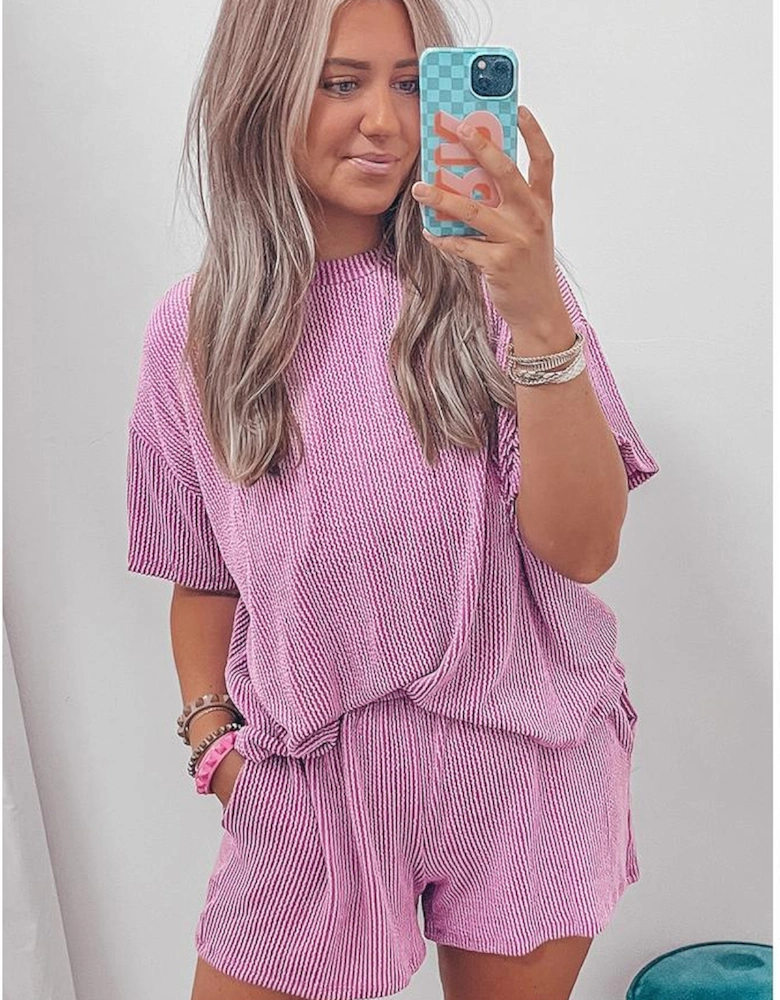 Phalaenopsis Ribbed Textured Knit Loose Fit Tee and Shorts Set