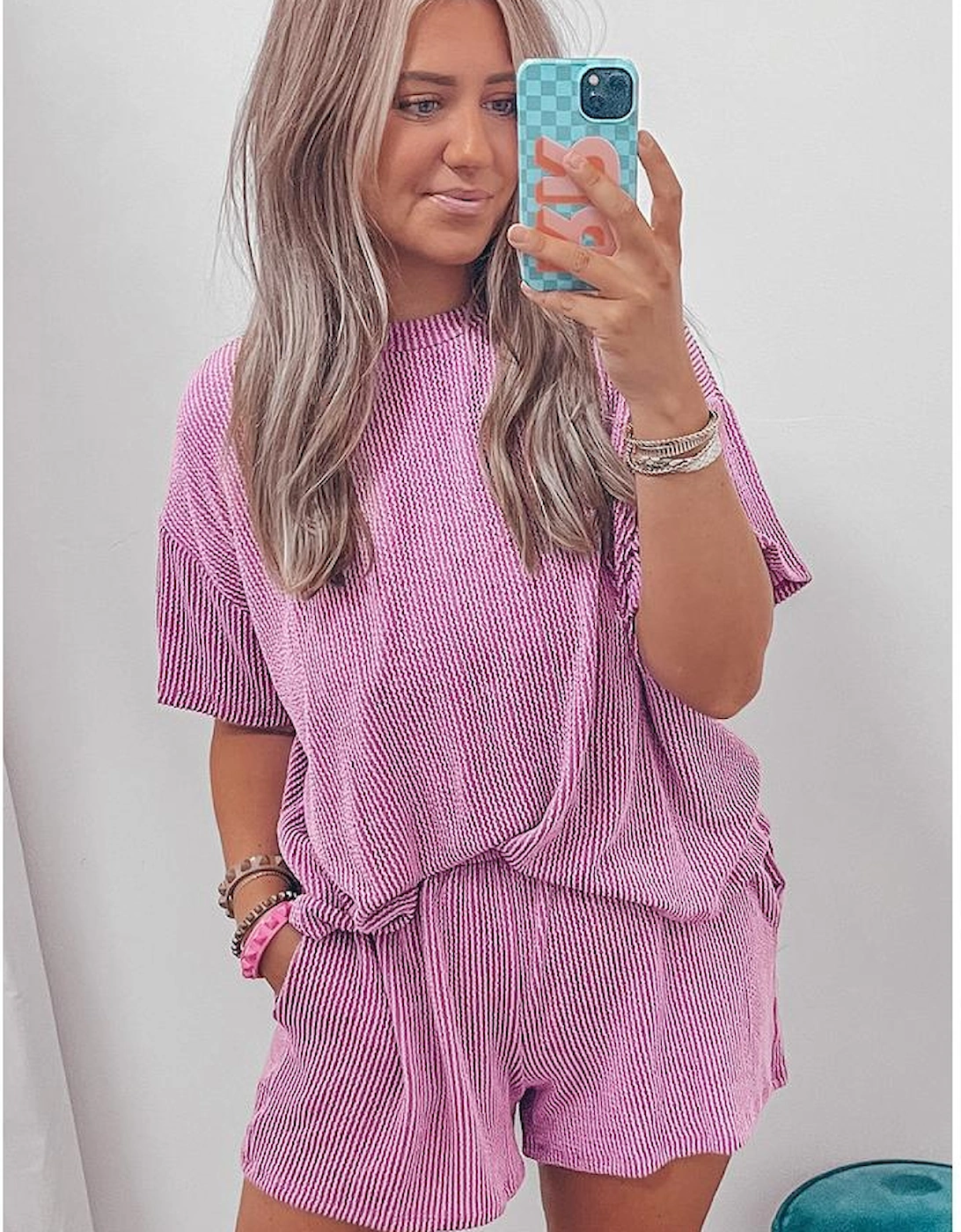 Phalaenopsis Ribbed Textured Knit Loose Fit Tee and Shorts Set