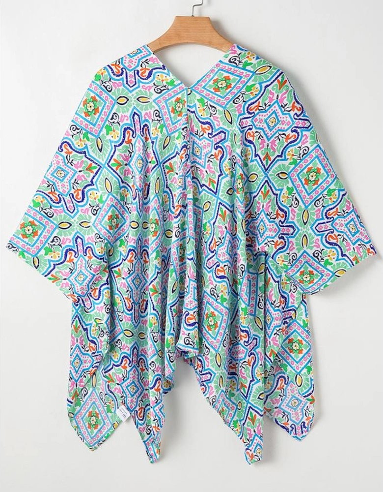 White Boho Floral Printed Rhinestone 3/4 Sleeve Open Front Kimono