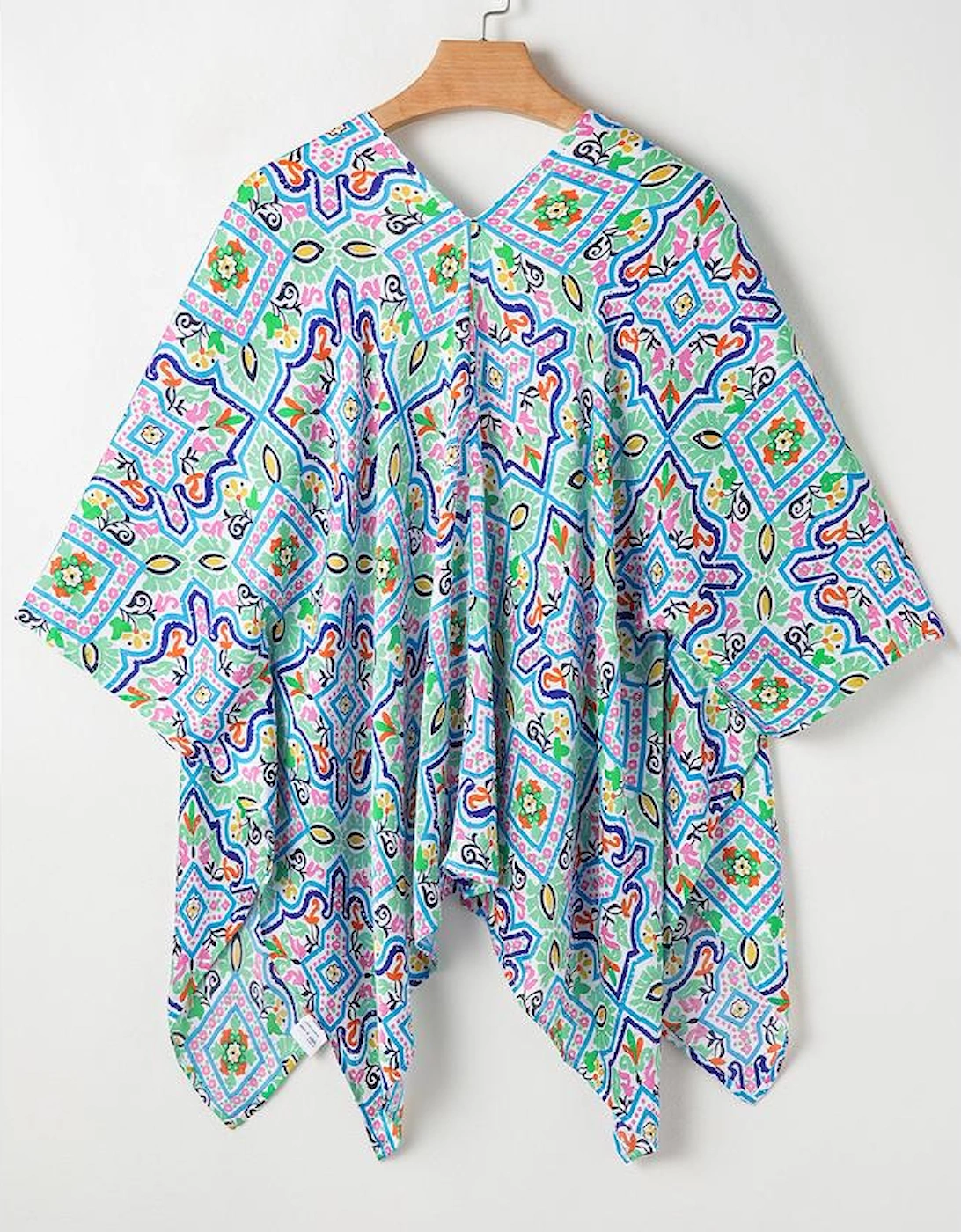 White Boho Floral Printed Rhinestone 3/4 Sleeve Open Front Kimono