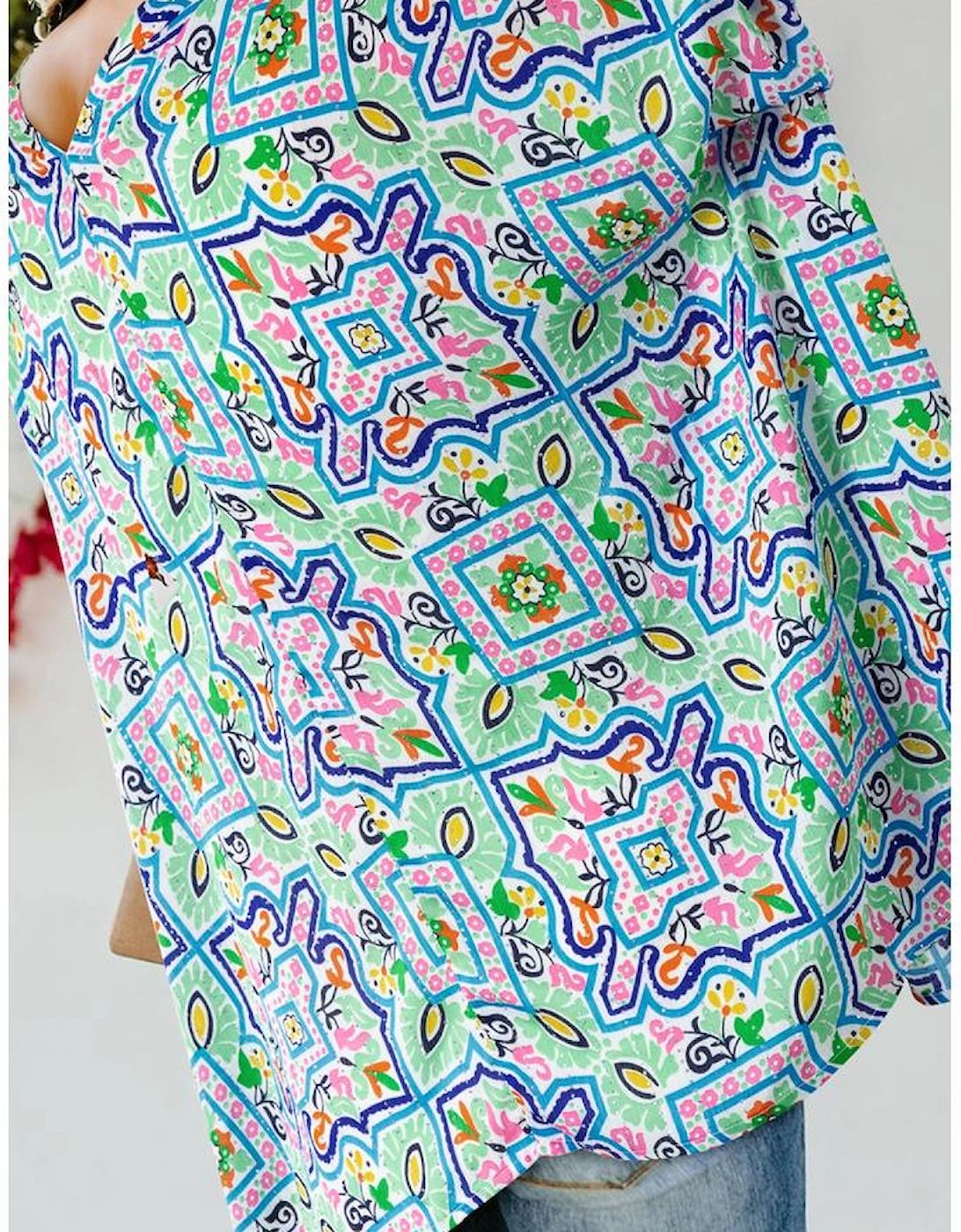 White Boho Floral Printed Rhinestone 3/4 Sleeve Open Front Kimono