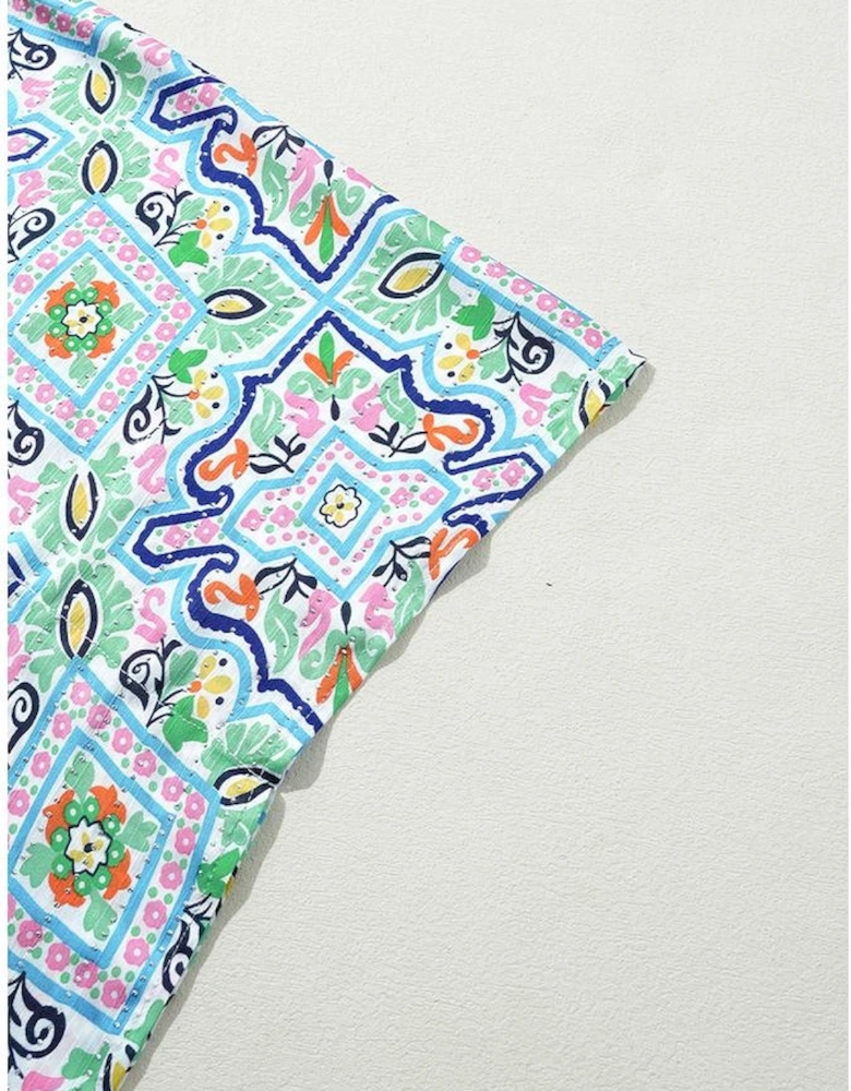 White Boho Floral Printed Rhinestone 3/4 Sleeve Open Front Kimono