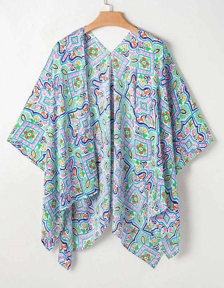 White Boho Floral Printed Rhinestone 3/4 Sleeve Open Front Kimono