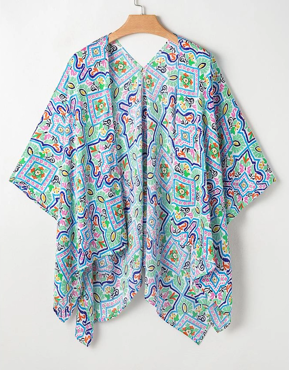 White Boho Floral Printed Rhinestone 3/4 Sleeve Open Front Kimono