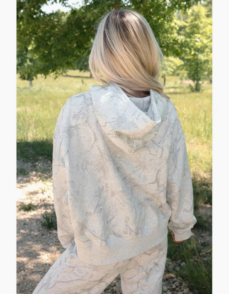 Light Grey Abstract Print Loose Drop Sleeve Hoodie Elastic Waistband 2pcs Pant Set