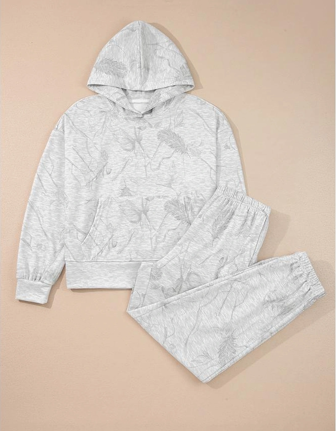 Light Grey Abstract Print Loose Drop Sleeve Hoodie Elastic Waistband 2pcs Pant Set