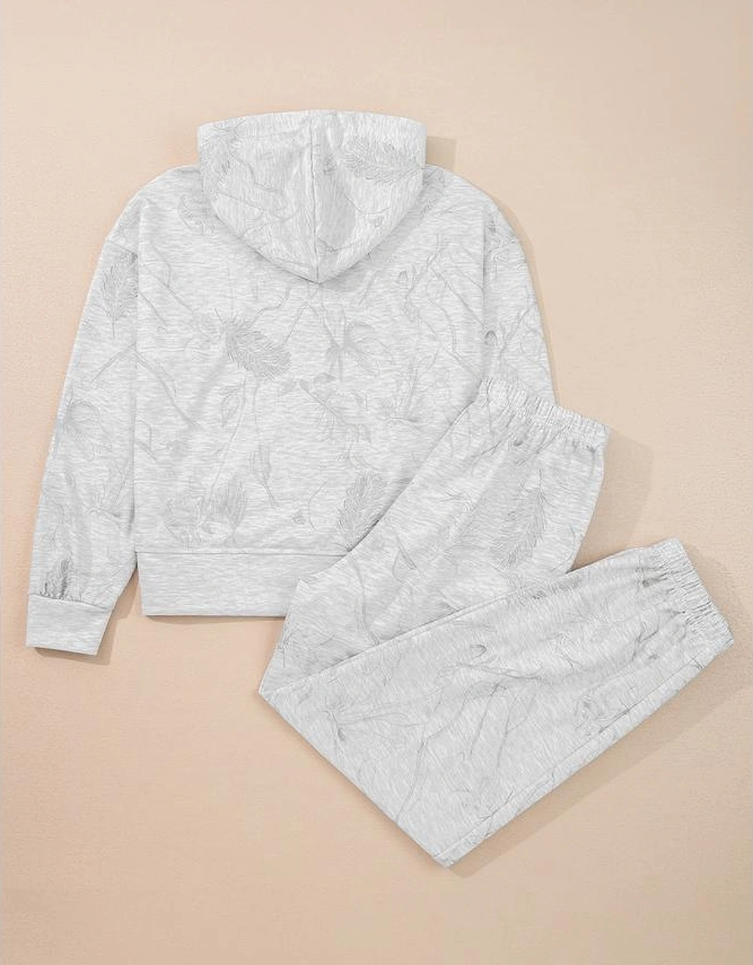 Light Grey Abstract Print Loose Drop Sleeve Hoodie Elastic Waistband 2pcs Pant Set