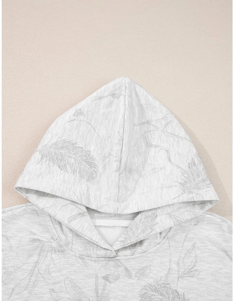 Light Grey Abstract Print Loose Drop Sleeve Hoodie Elastic Waistband 2pcs Pant Set