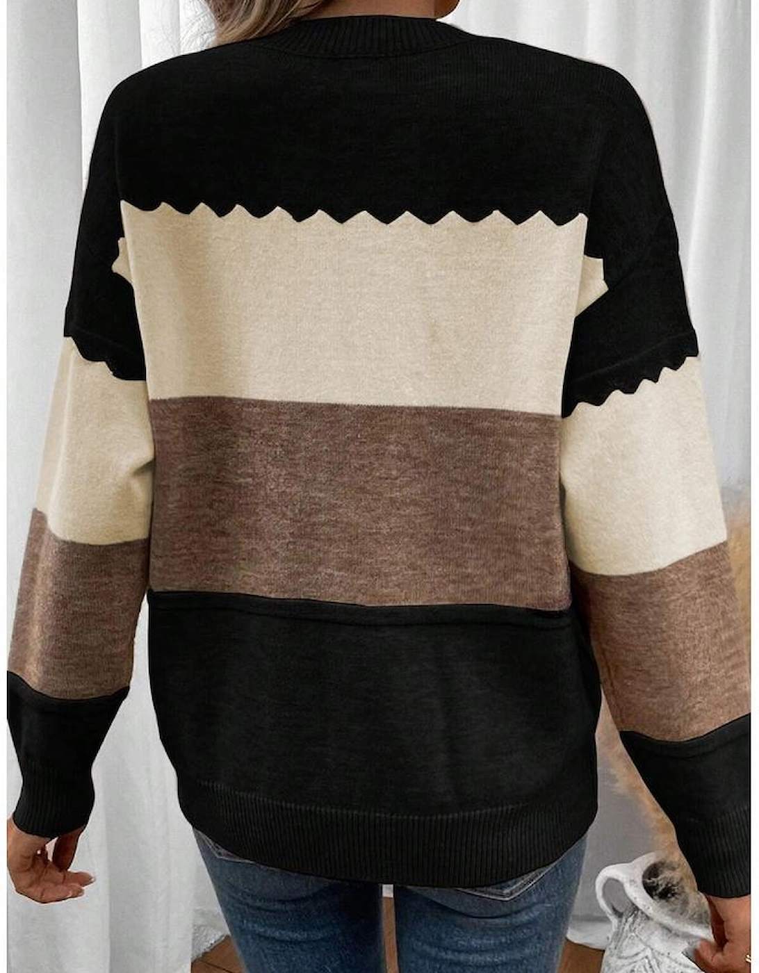 Black Colorblock Crew Neck Drop Shoulder Sweater, 5 of 4