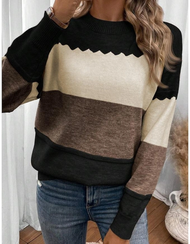 Black Colorblock Crew Neck Drop Shoulder Sweater