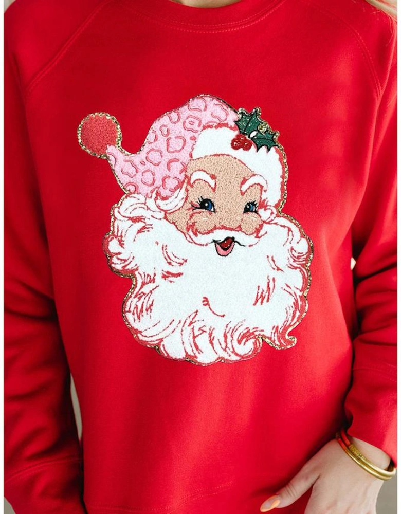 Red Santa Claus Graphic Crewneck Raglan Sleeve Christmas Sweatshirt