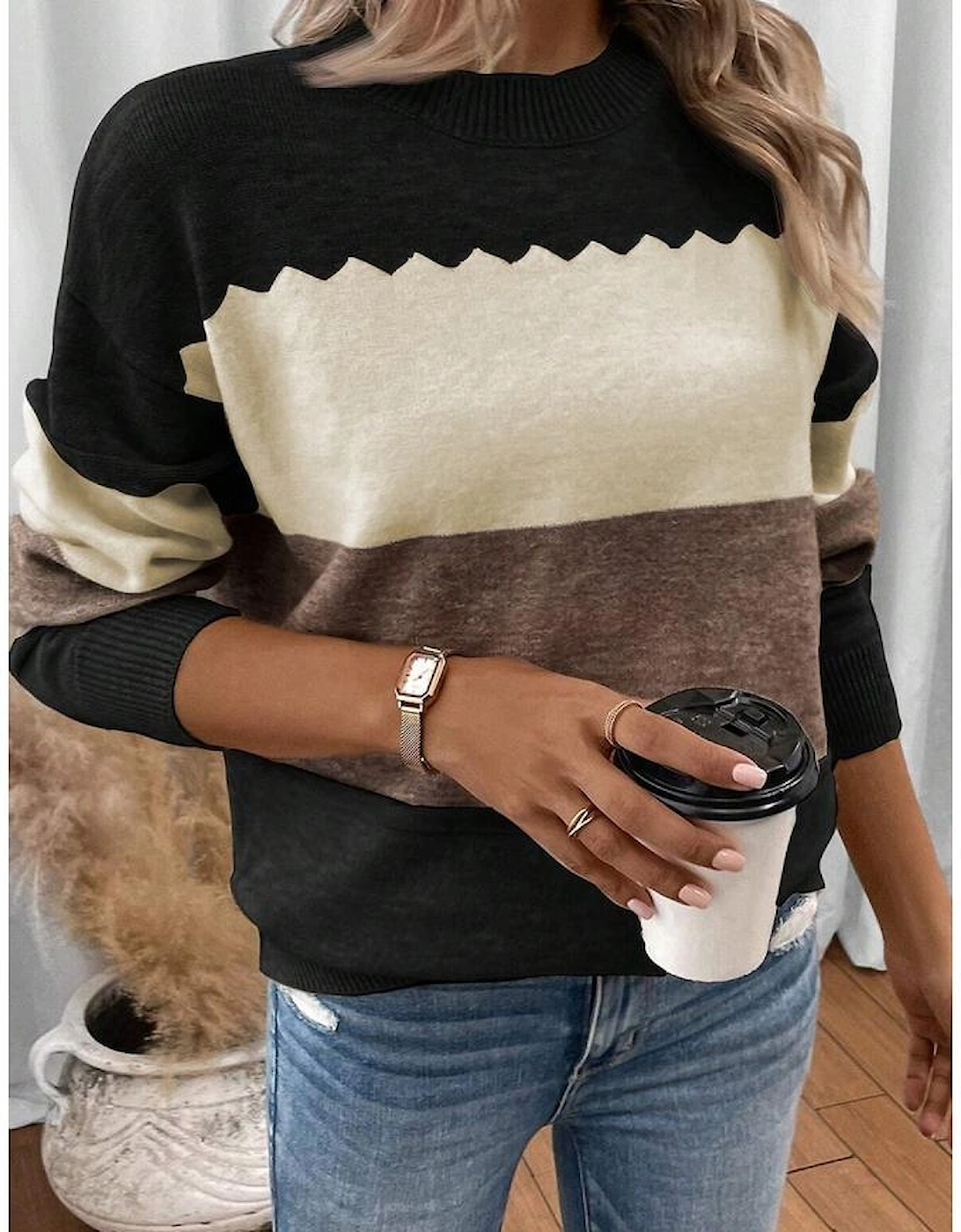 Black Colorblock Crew Neck Drop Shoulder Sweater