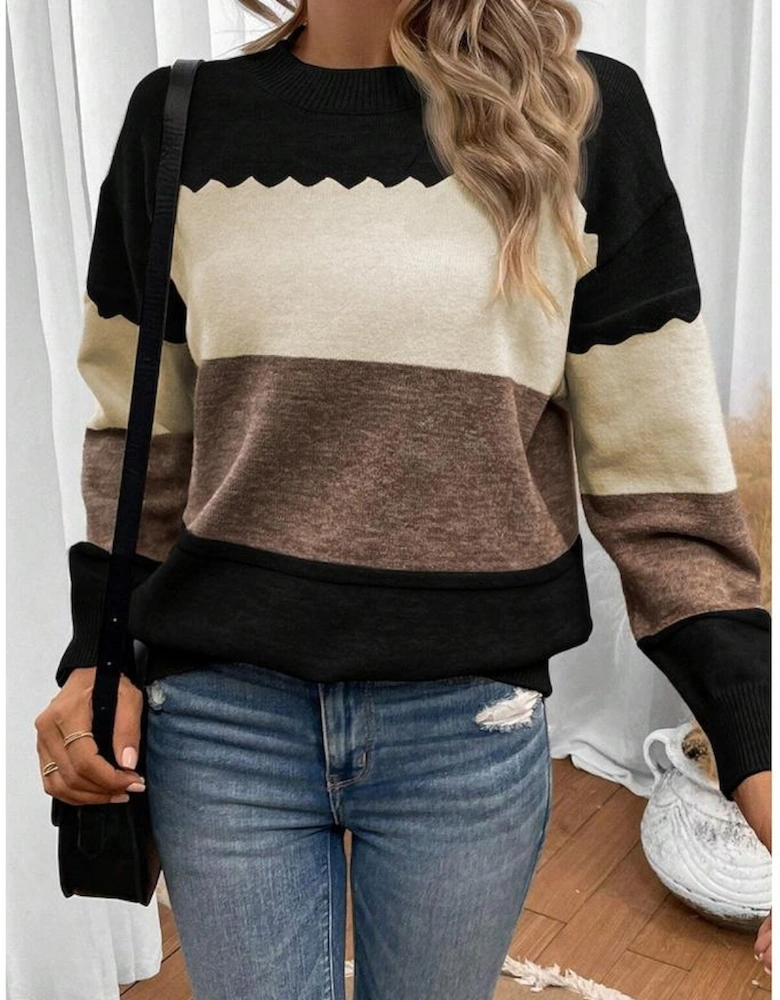 Black Colorblock Crew Neck Drop Shoulder Sweater