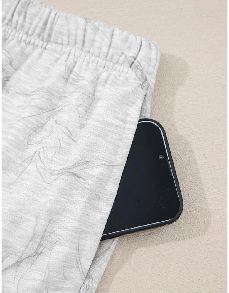 Light Grey Abstract Print Loose Drop Sleeve Hoodie Elastic Waistband 2pcs Pant Set