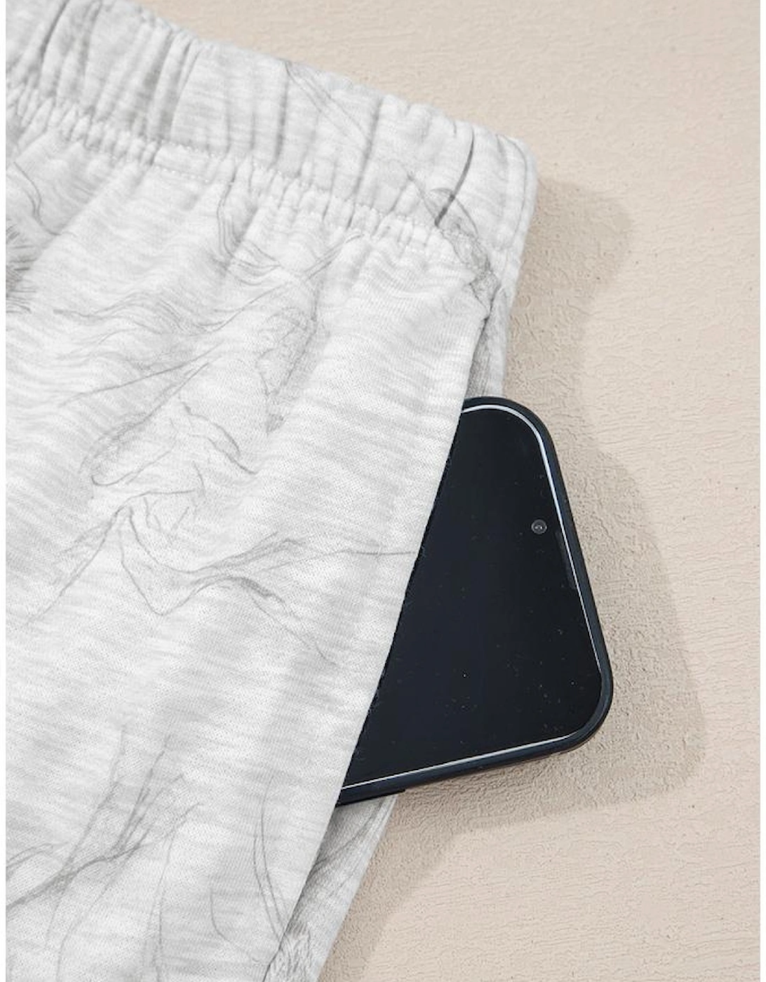 Light Grey Abstract Print Loose Drop Sleeve Hoodie Elastic Waistband 2pcs Pant Set