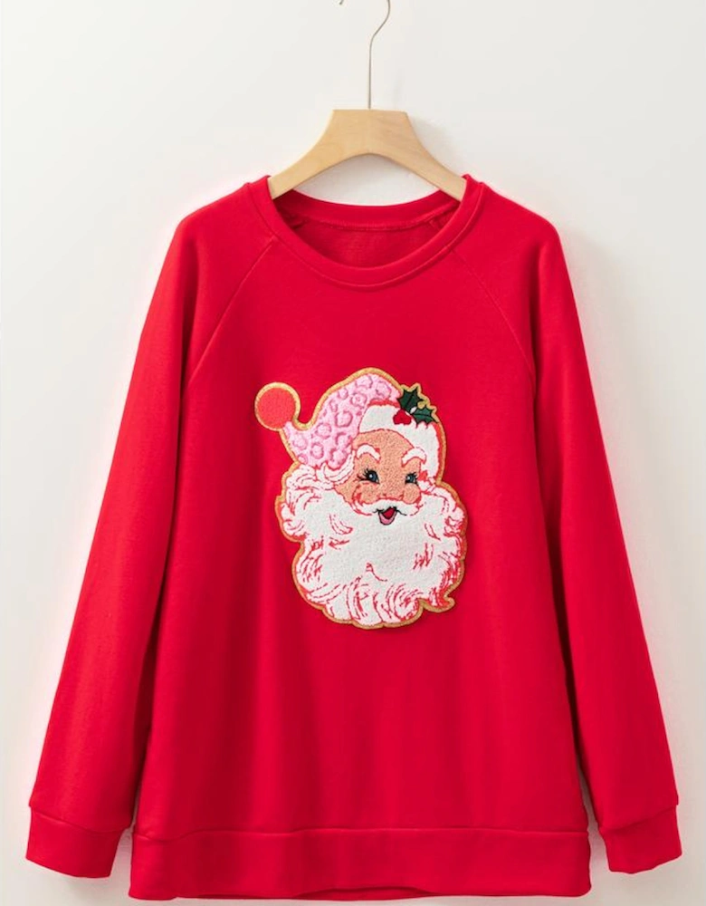 Red Santa Claus Graphic Crewneck Raglan Sleeve Christmas Sweatshirt